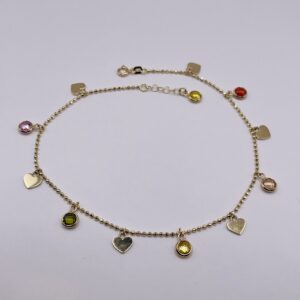 14K gold Ankle Bracelet with Heart Charms & Colourful Stones