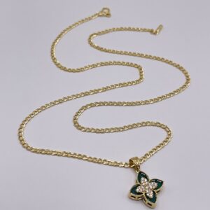 14K Gold Clover Flower Necklace, Green Elegant Design