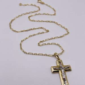 14K Gold Cross Necklace with Two Tone Detail
