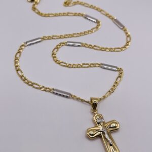14K Gold Cross Necklace with Two Tone Chain Detail