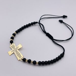 14K Gold Prayer Cross Black Bead Bracelet