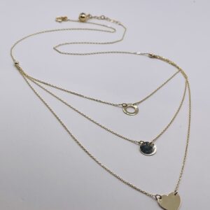 14K Gol Cascade Triple Semi-Circle Necklace with Disc and Heart Pendants